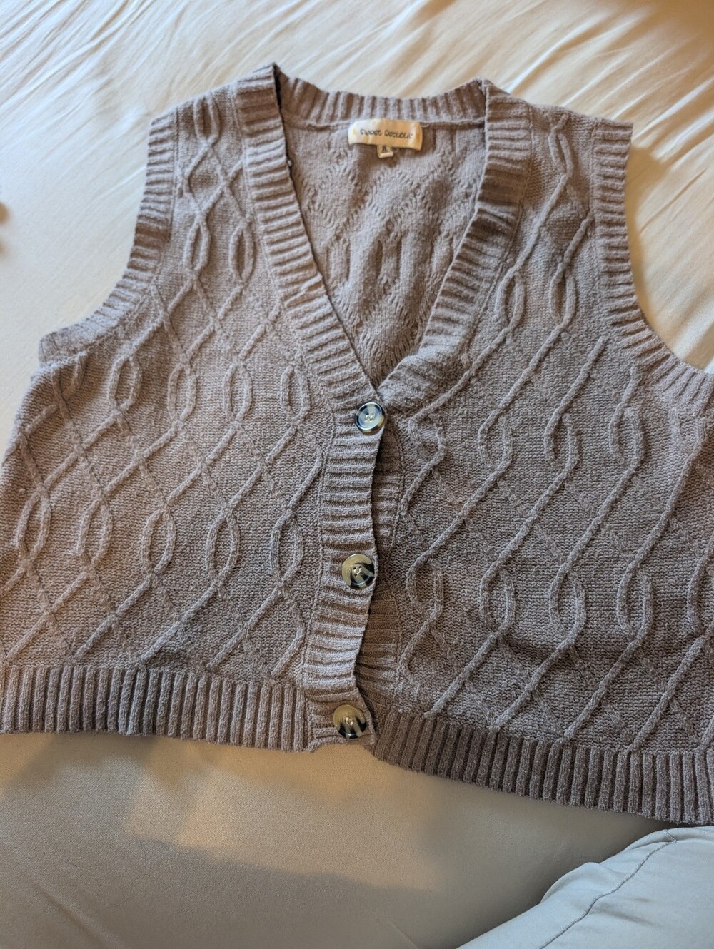 Cable-Knit V-Neck Button-Front Sweater Vest in Taupe